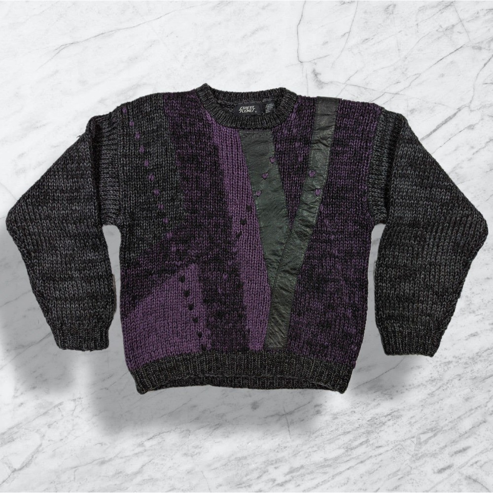 Vintage 90s Street Scenes Chunky Purple Black Leather Crewneck Sweater sz S